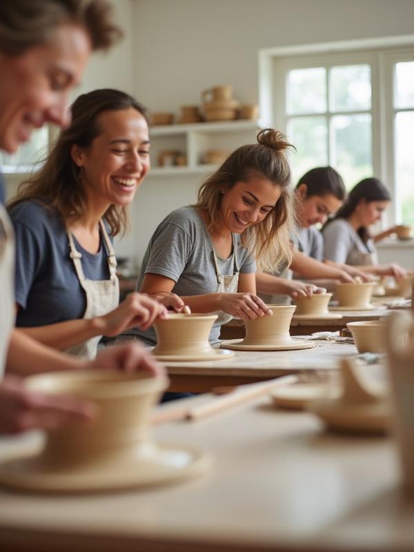 Mehrere glückliche Menschen arbeiten konzentriert an Töpferscheiben in einem hellen Atelier.
