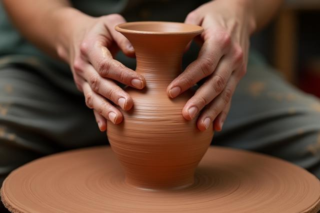 Töpferhände, die eine Vase auf einer Töpferscheibe formen.